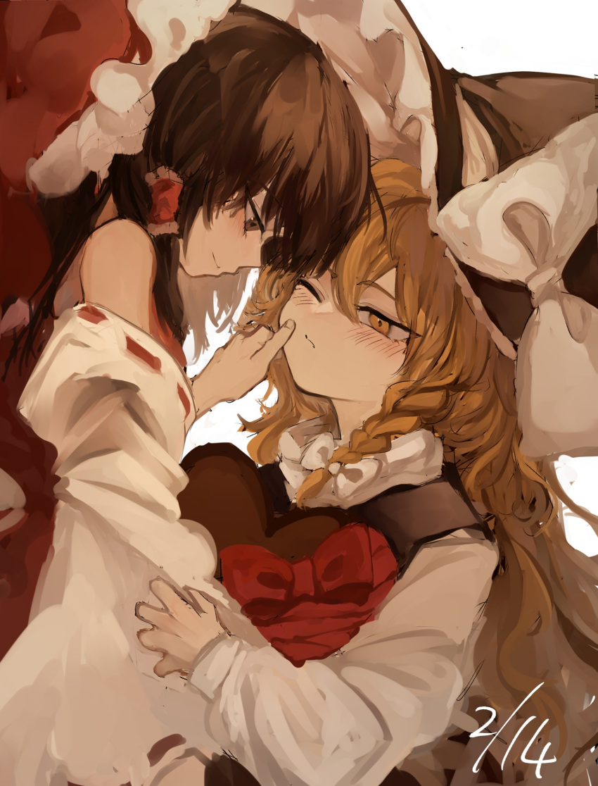 2girls blonde_hair blush bow braid brown_eyes brown_hair chocolate closed_mouth commentary_request dated detached_sleeves frilled_bow frilled_hair_tubes frills hair_bow hair_tubes hakurei_reimu hand_on_another's_cheek hand_on_another's_face hat hat_bow heart highres hiyayakko323 kirisame_marisa long_hair long_sleeves multiple_girls one_eye_closed red_bow ribbon-trimmed_sleeves ribbon_trim side_braid single_braid touhou valentine white_bow witch_hat yellow_eyes yuri
