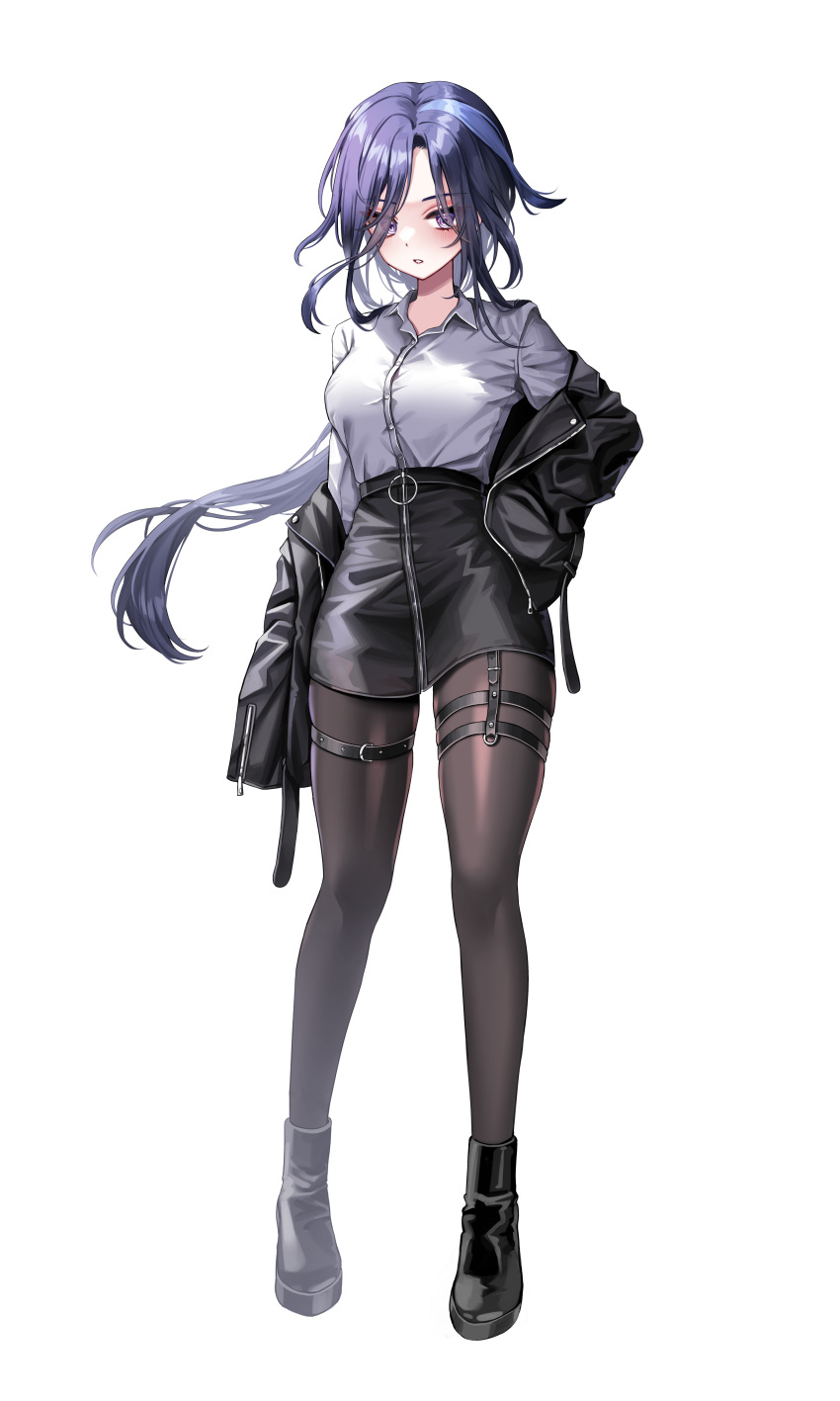 1girl absurdres adapted_costume arm_at_side black_footwear black_jacket black_pantyhose black_skirt blue_hair breasts buttons clorinde_(genshin_impact) collarbone collared_shirt dark_blue_hair floating_hair full_body genshin_impact hand_on_own_hip high-waist_skirt highres jacket large_breasts leather leather_jacket leather_skirt looking_at_viewer low_ponytail multicolored_hair multiple_thigh_straps nq_(nnq_q) off_shoulder pantyhose parted_lips pencil_skirt shirt shirt_tucked_in skirt solo streaked_hair violet_eyes white_background white_shirt