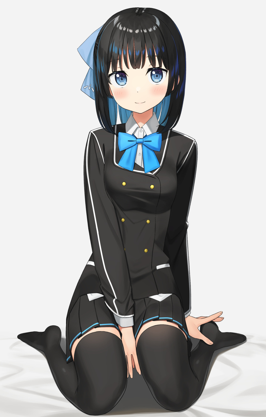 1girl absurdres ange_relink apollo_(hu_maple) between_legs black_hair black_jacket black_skirt blazer blue_bow blue_bowtie blue_eyes blue_hair bob_cut bow bowtie breasts collared_shirt colored_inner_hair commentary_request facing_viewer fingernails full_body hand_between_legs highres jacket light_blush long_sleeves looking_at_viewer medium_breasts multicolored_hair pleated_skirt shirt simple_background sitting skirt smile solo sora_(ange_relink) split_mouth thigh-highs uniform wariza white_background white_shirt zettai_ryouiki
