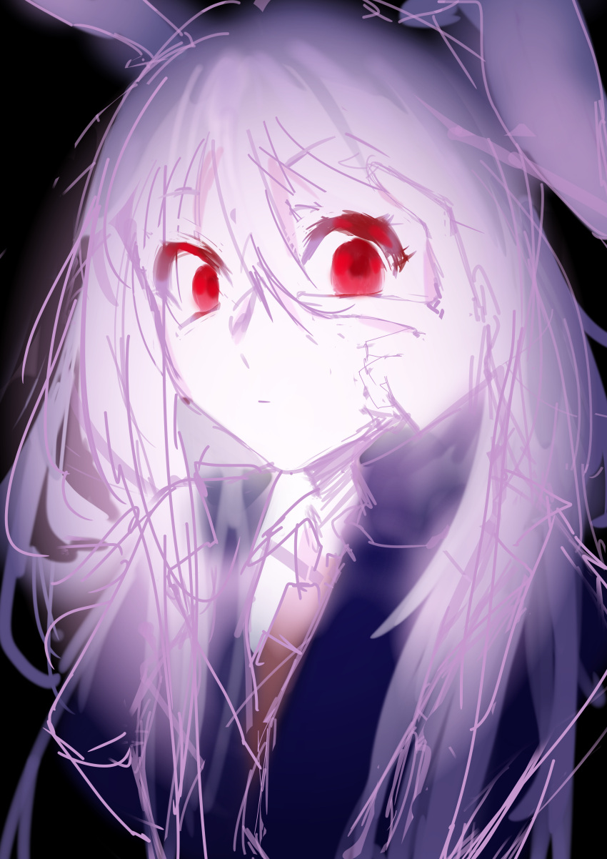 1girl absurdres animal_ears black_background blue_jacket chinese_commentary closed_mouth collared_shirt colored_skin commentary_request hair_between_eyes hand_on_own_face highres ixgnel_lengxi jacket long_hair necktie pink_hair rabbit_ears rabbit_girl red_eyes red_necktie reisen_udongein_inaba shirt simple_background sketch touhou white_shirt white_skin