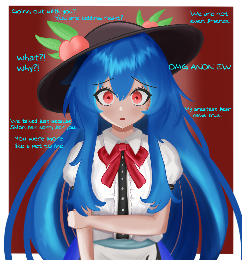 1girl absurdres black_headwear blue_hair bow bowtie center_frills commentary english_commentary english_text frills highres hinanawi_tenshi holding_own_arm just_hatto leaf_hat_ornament long_hair looking_at_viewer open_mouth peach_hat_ornament red_background red_bow red_bowtie red_eyes short_sleeves sidelocks solo touhou upper_body valentine
