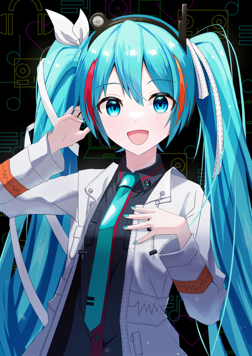 1girl a.i._voice absurdres adachi_rei black_background black_shirt blue_hair blue_nails blue_necktie blush chimerism collared_shirt commentary_request fusion hair_ribbon hand_on_headphones hand_on_own_chest hands_up hatsune_miku headlamp highres jacket kasane_teto looking_at_viewer multicolored_hair necktie open_clothes open_jacket open_mouth orange_hair radio_antenna redhead ribbon shirt smile solo streaked_hair twintails upper_body utau vocaloid white_jacket white_ribbon yasai31
