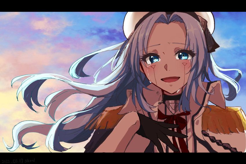1girl black_gloves blue_eyes blue_hair character_request clouds crying crying_with_eyes_open gloves high_collar highres letterboxed long_hair open_mouth outdoors parted_bangs red_ribbon ribbon sakusan_yousoeki shangri-la_frontier smile tears upper_body white_headwear