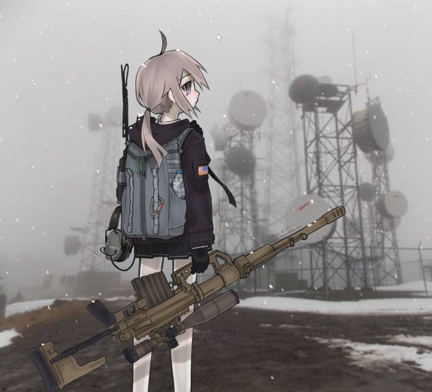 1girl absurdres ahoge american_flag arm_at_side backpack bag black_gloves black_jacket black_skirt bolt_action brown_eyes brown_hair cheytac_m200 closed_mouth day dirt_road expressionless feet_out_of_frame fence fog from_behind girls_frontline gloves gun hand_up highres holding holding_gun holding_weapon hood hood_down hooded_jacket jacket long_legs long_sleeves lovell_(v311) low_ponytail m200_(girls'_frontline) miniskirt outdoors patch photo_background profile radio_tower rifle road shoulder_patch signature skirt sniper_rifle snow snowing solo standing unworn_headphones weapon