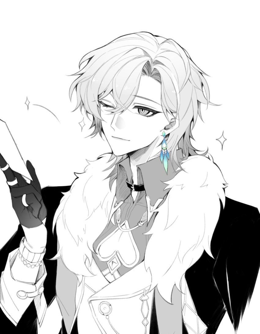 1boy aventurine_(honkai:_star_rail) bracelet closed_mouth clothing_cutout collared_shirt earrings fur_trim gloves greyscale hair_between_eyes highres honkai:_star_rail honkai_(series) jacket jewelry male_focus monochrome one_eye_closed pizzarellatrain ring shirt short_hair simple_background solo