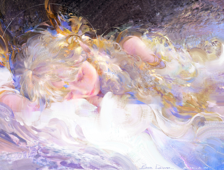 1girl 2022 abstract_background absurdres artist_name bare_shoulders bestdaimt blonde_hair closed_eyes closed_mouth dated diao_chan_(wangzhe_rongyao) eyelashes feather_hair_ornament feathers hair_ornament halo highres long_hair lying on_side painterly realistic signature solo upper_body wangzhe_rongyao yellow_feathers