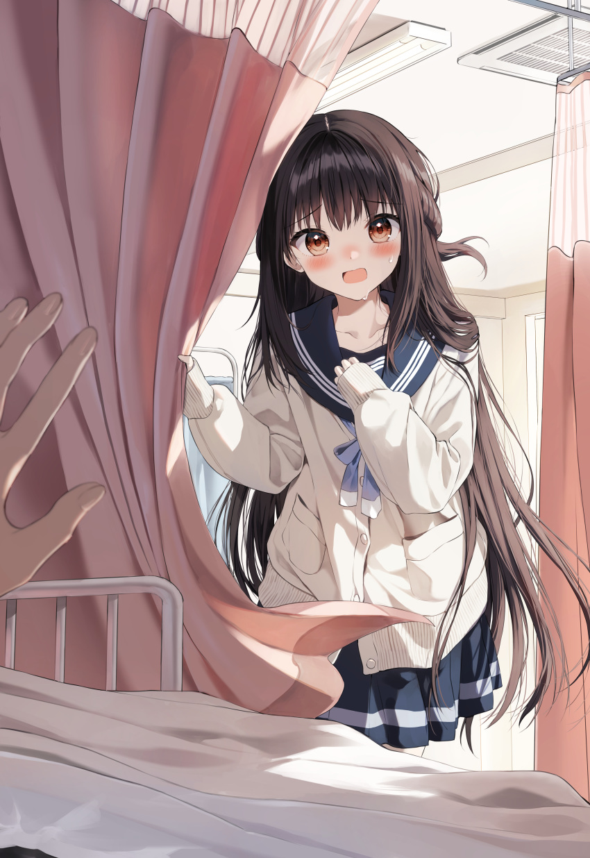 1boy 1girl absurdres bed black_hair black_sailor_collar black_skirt blue_bow blush bow brown_eyes cardigan collarbone commentary_request curtains highres indoors long_hair long_sleeves looking_at_viewer open_mouth original osana_naruka pentagon_(railgun_ky1206) pleated_skirt puffy_long_sleeves puffy_sleeves sailor_collar school_uniform serafuku skirt sleeves_past_wrists solo_focus sweat very_long_hair white_cardigan