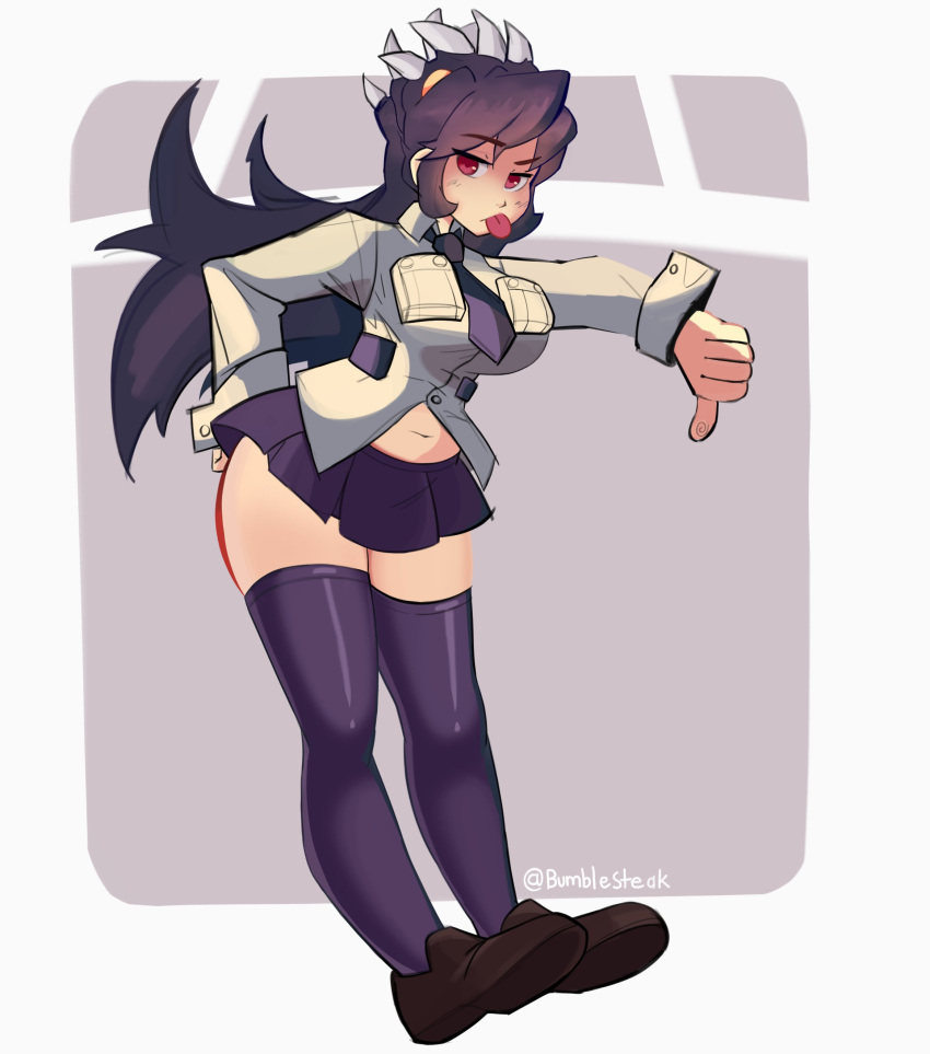 1girl absurdres ass belly black_hair black_skirt breasts bumblesteak extra_mouth filia_(skullgirls) highres large_breasts living_hair long_hair necktie nose plump prehensile_hair red_eyes shoes simple_background skirt skullgirls solo standing thick_thighs thigh-highs thighs thumbs_down tongue
