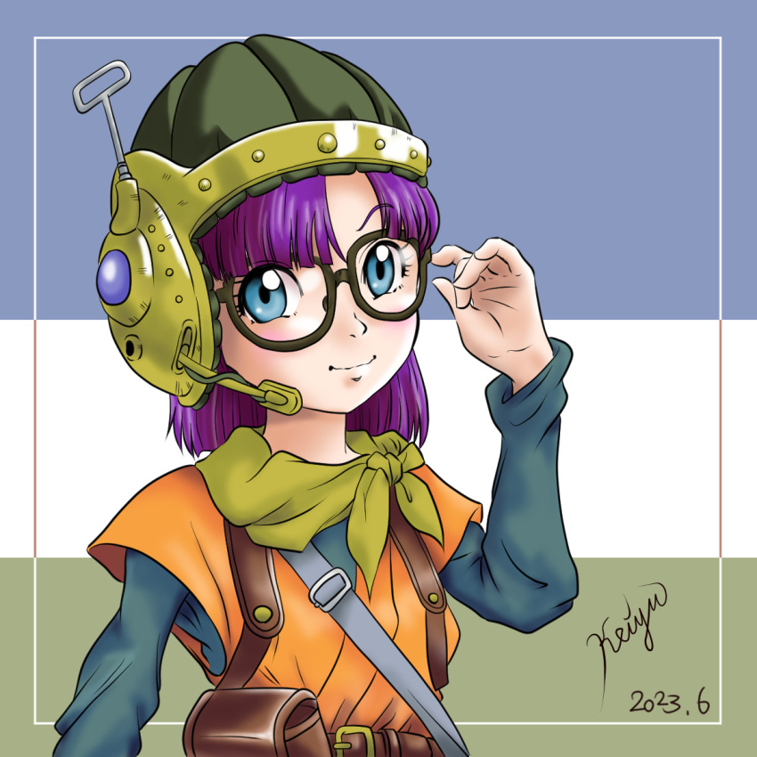 1girl belt blue_eyes chrono_trigger closed_mouth dated glasses helmet highres looking_at_viewer lucca_ashtear purple_hair scarf short_hair signature smile solo