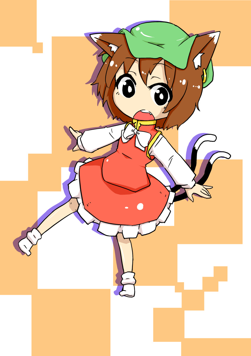 1girl absurdres animal_ear_fluff animal_ear_piercing animal_ears bow bowtie bright_pupils brown_eyes brown_hair cat_ears cat_tail chen chibi commentary_request drop_shadow e-hu-saihusa earrings full_body gold_trim green_headwear hat highres jewelry legs_apart long_sleeves looking_at_viewer mob_cap multiple_tails nekomata no_shoes open_mouth petticoat puffy_long_sleeves puffy_sleeves red_skirt red_vest simple_background single_earring skirt skirt_set socks solo tail teeth touhou two_tails upper_teeth_only vest white_bow white_bowtie white_pupils white_socks