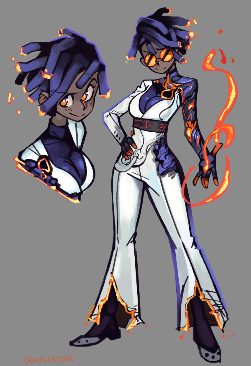 1girl absurdres artist_name bad_link belt breasts bumblesteak burning closed_mouth dark-skinned_female dark_skin dreadlocks english_text fire glasses grey_background highres looking_at_viewer nose orange_eyes original purple_hair shoes simple_background solo suit