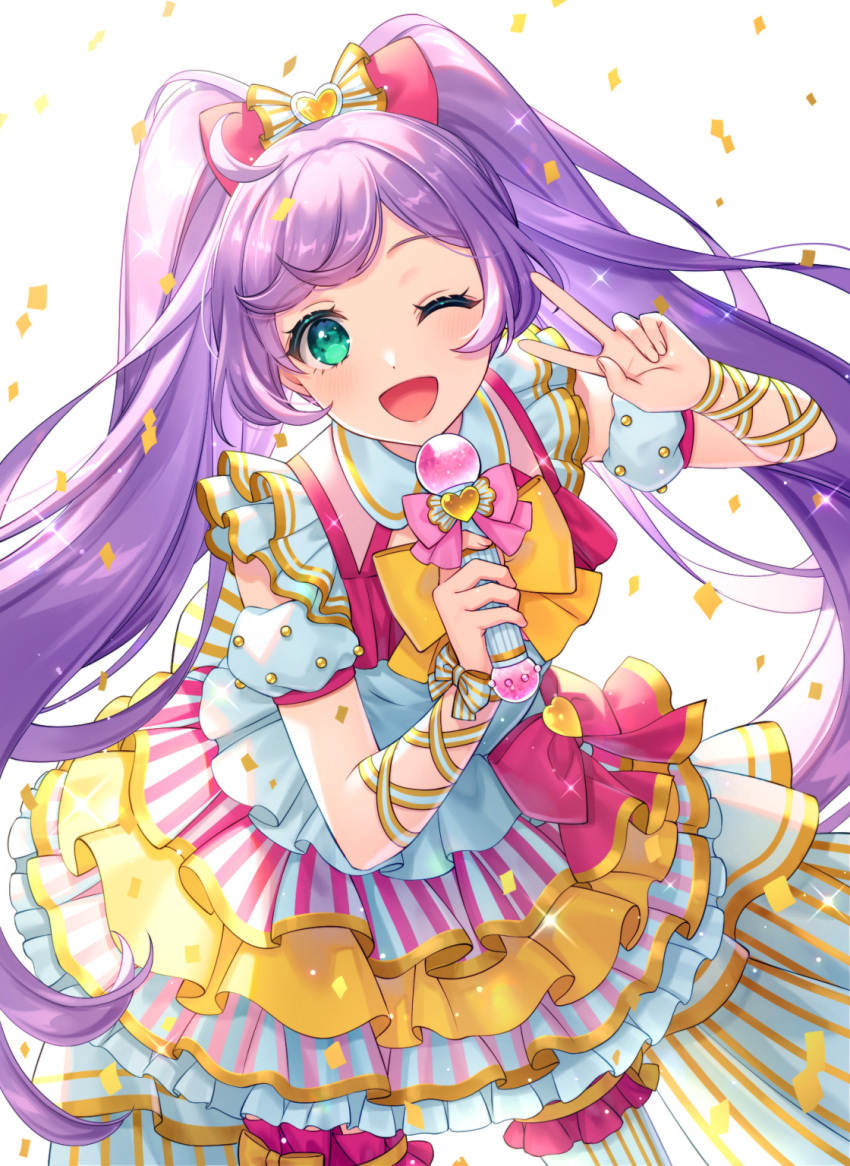 1girl ;d ahoge bow bshi_edayo commentary_request confetti cowboy_shot detached_collar detached_sleeves dress gold_trim green_eyes hair_bow hands_up highres holding holding_microphone idol idol_clothes idol_land_pripara kashikoma! layered_dress long_hair looking_at_viewer manaka_laala microphone multicolored_clothes multicolored_dress one_eye_closed open_mouth pink_bow pretty_series pripara puffy_detached_sleeves puffy_sleeves purple_hair smile solo standing thigh-highs treble_clef twintails v very_long_hair white_background white_thighhighs yellow_bow