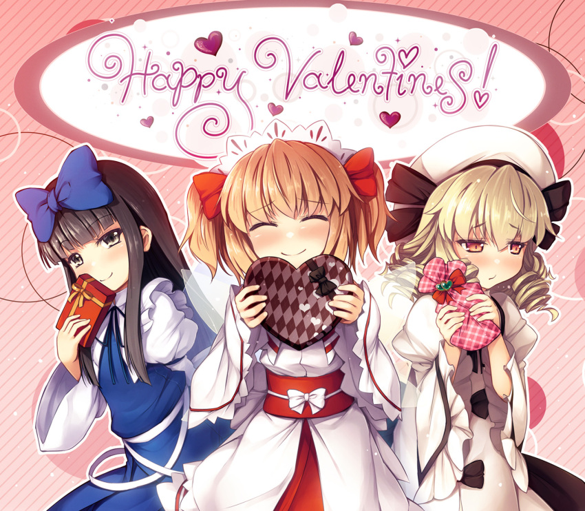 3girls ^_^ beret black_bow black_hair black_ribbon blonde_hair blue_bow blue_dress blunt_bangs blush bow box chima_q closed_eyes cowboy_shot dress drill_hair embarrassed facing_viewer fairy fairy_wings gift gift_bag grey_eyes hair_bow hair_ribbon happy_valentine hat headdress heart heart-shaped_box highres hime_cut holding holding_box holding_gift juliet_sleeves lace lace-trimmed_dress lace_trim long_hair long_sleeves looking_at_viewer luna_child multiple_girls neck_ribbon orange_eyes orange_hair outline photoshop_(medium) pink_background puffy_sleeves red_bow red_sash redhead ribbon sash shirt short_hair smile star_sapphire striped_background sunny_milk take_your_pick touhou two_side_up valentine white_bow white_dress white_headwear white_outline white_sash white_shirt wide_sleeves wings