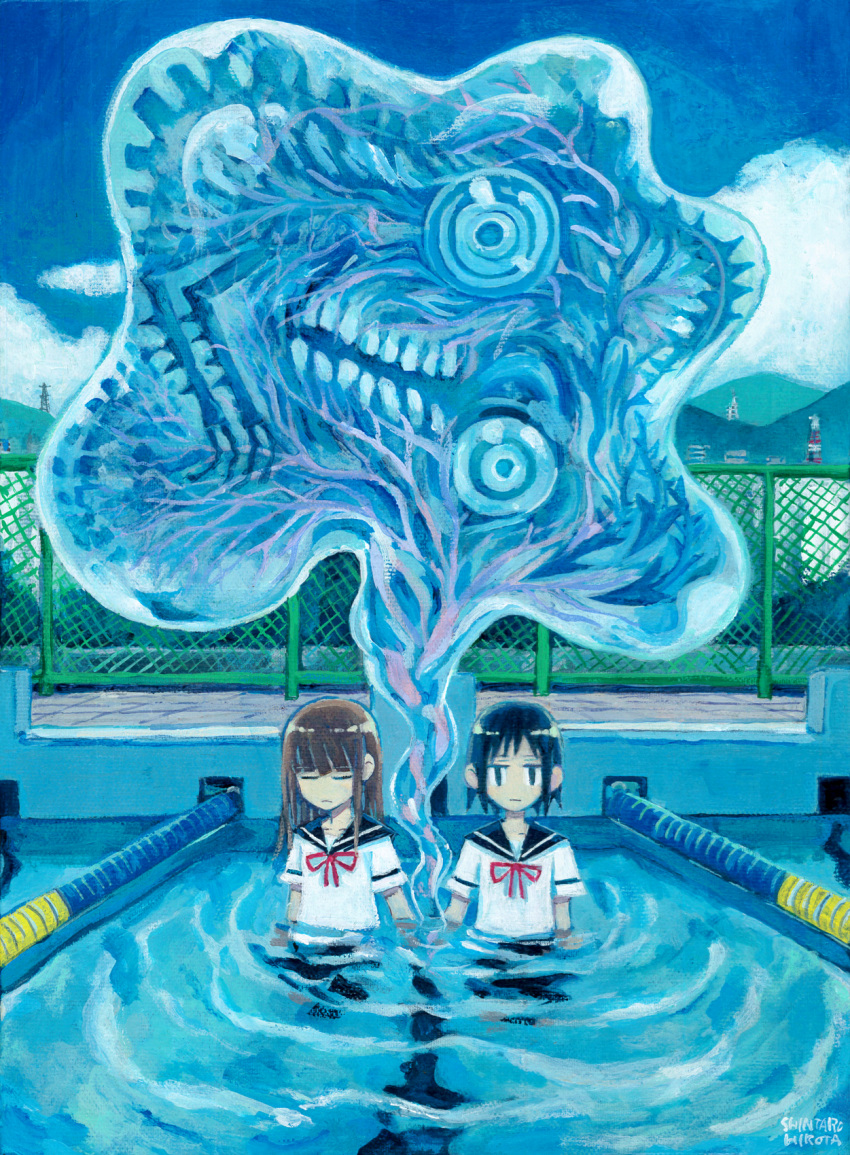 2girls aremoyou black_eyes black_hair black_sailor_collar blunt_bangs brown_hair closed_eyes closed_mouth clouds cloudy_sky commentary_request day expressionless facing_down highres holding_hands jitome lane_line long_hair looking_at_viewer monster mountainous_horizon multiple_girls original outdoors partially_submerged pool ripples sailor_collar shirt short_sleeves side-by-side signature sky surreal traditional_media white_shirt