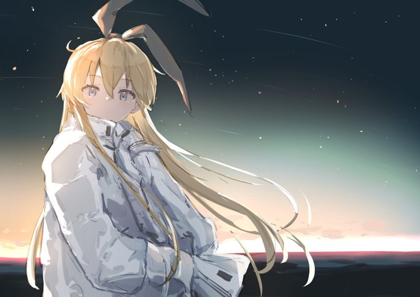 1girl alternate_costume aruka blonde_hair blue_eyes coat hair_between_eyes hands_in_pockets horizon kantai_collection long_hair long_sleeves looking_at_viewer outdoors shimakaze_(kancolle) sky solo star_(sky) starry_sky very_long_hair white_coat