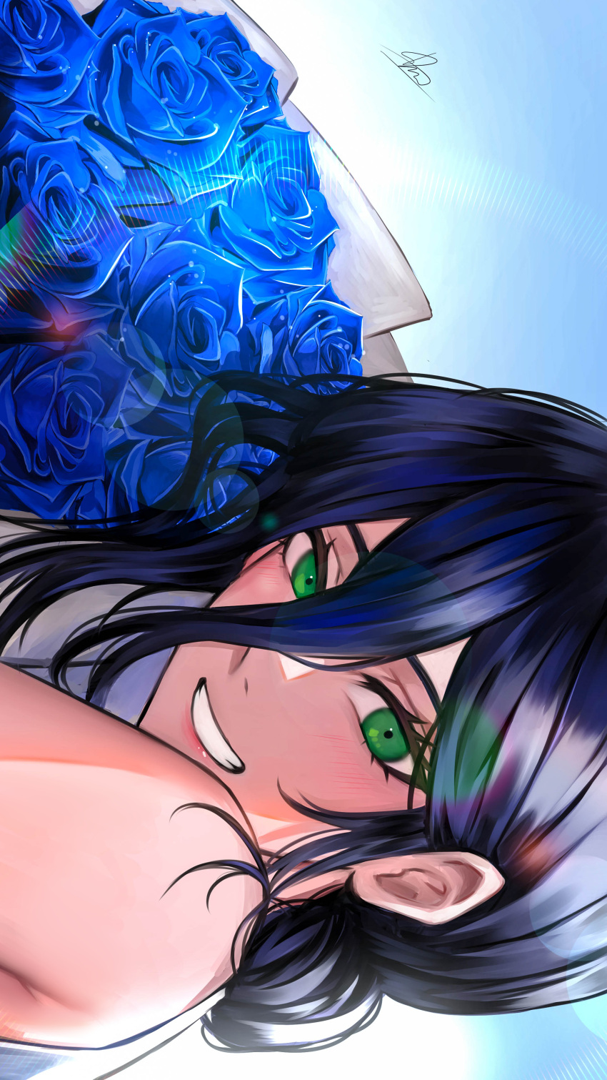 1girl absurdres asarizer black_hair blue_flower blue_rose bouquet chainsaw_man commentary flower green_eyes grin hair_behind_ear hair_between_eyes highres holding holding_bouquet portrait reze_(chainsaw_man) rose sideways signature smile solo