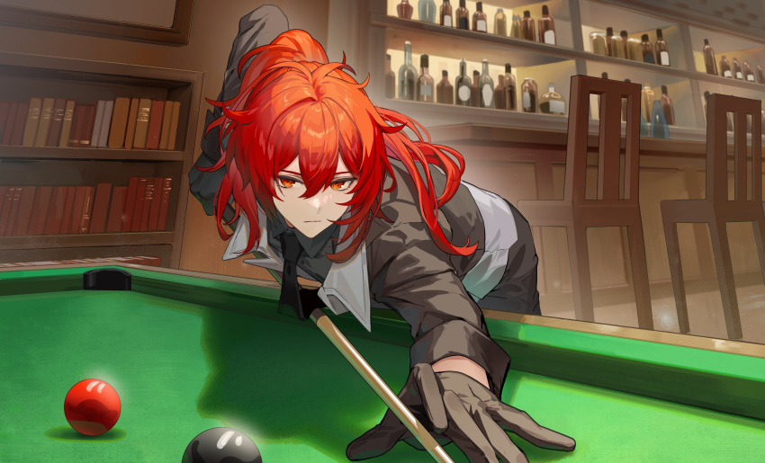1boy absurdres ball bar_(place) billiard_ball billiards black_gloves black_necktie black_pants black_shirt bookshelf bottle chair closed_mouth commentary_request counter cowboy_shot cue_stick diluc_(genshin_impact) expressionless genshin_impact gloves hair_between_eyes highres holding holding_cue_stick indoors leaning_forward long_hair long_sleeves looking_at_viewer lowro_(en) male_focus necktie official_art pants ponytail pool_table red_eyes redhead shelf shirt solo standing table vest white_vest