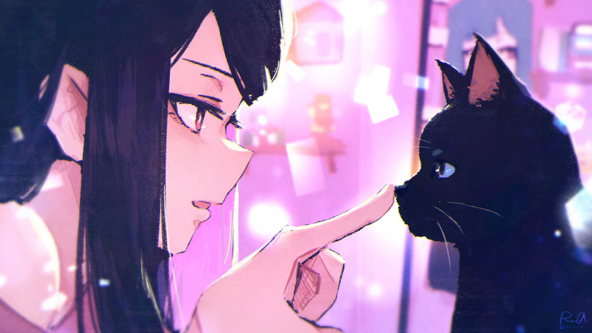 1girl absurdres black_cat black_hair cat close-up dated fore_(va-11_hall-a) from_side hand_up highres index_finger_raised indoors jill_stingray open_mouth parted_bangs poking_nose profile red_eyes rnna sidelocks signature solo va-11_hall-a window