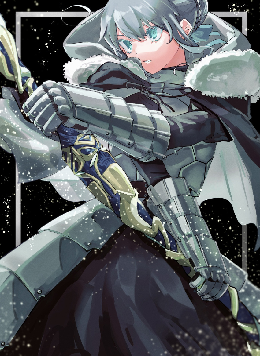 1girl ahoge armor black_background blue_ribbon blurry cloak cowboy_shot depth_of_field eyelashes fate/stay_night fate_(series) fur-trimmed_cloak fur_trim gauntlets gray_(fate) green_eyes grey_hair highres holding holding_weapon hood hooded_cloak looking_to_the_side parted_lips ribbon short_hair solo tokoni_fusu weapon
