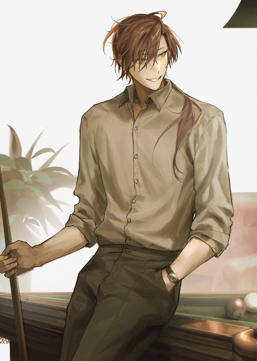 1boy ball billiard_ball black_pants collarbone collared_shirt cue_stick dress_shirt hand_in_pocket highres holding holding_cue_stick leaning_on_table long_hair low_ponytail male_focus open_collar original pants pool_table redhead shirt shirt_tucked_in sleeves_rolled_up table unholymilk watch watch white_background white_shirt yellow_eyes