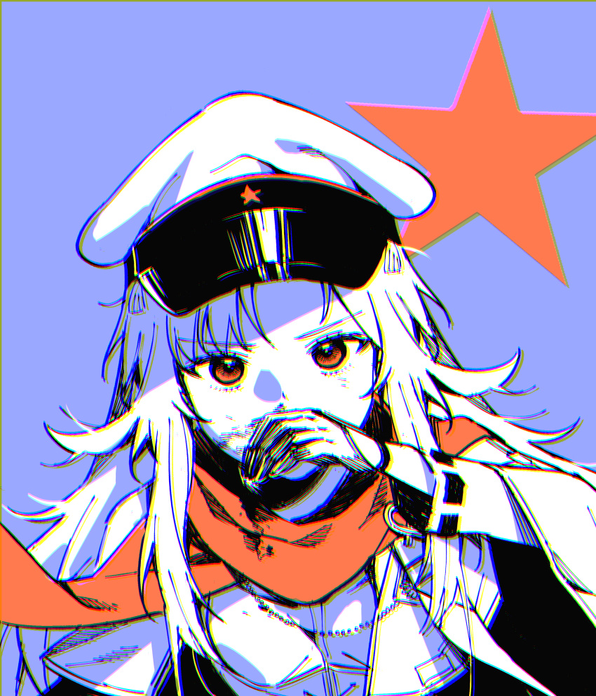 1girl absurdres blanchat blue_background commentary girls_frontline gloves greyscale_with_colored_background hat highres long_hair long_sleeves looking_at_viewer makarov_(girls'_frontline) orange_eyes orange_scarf peaked_cap scarf simple_background solo spot_color upper_body