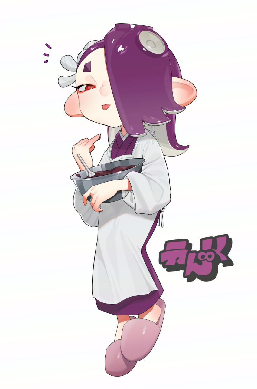 1girl bowl cephalopod_eyes commentary_request eyelashes full_body hair_over_one_eye highres holding holding_bowl inkling_(language) looking_at_viewer medium_hair notice_lines pink_footwear puchiman purple_hair red_bean_paste red_eyes shiver_(splatoon) simple_background slippers solo splatoon_(series) splatoon_3 standing standing_on_one_leg tentacle_hair thick_eyebrows tongue tongue_out white_background