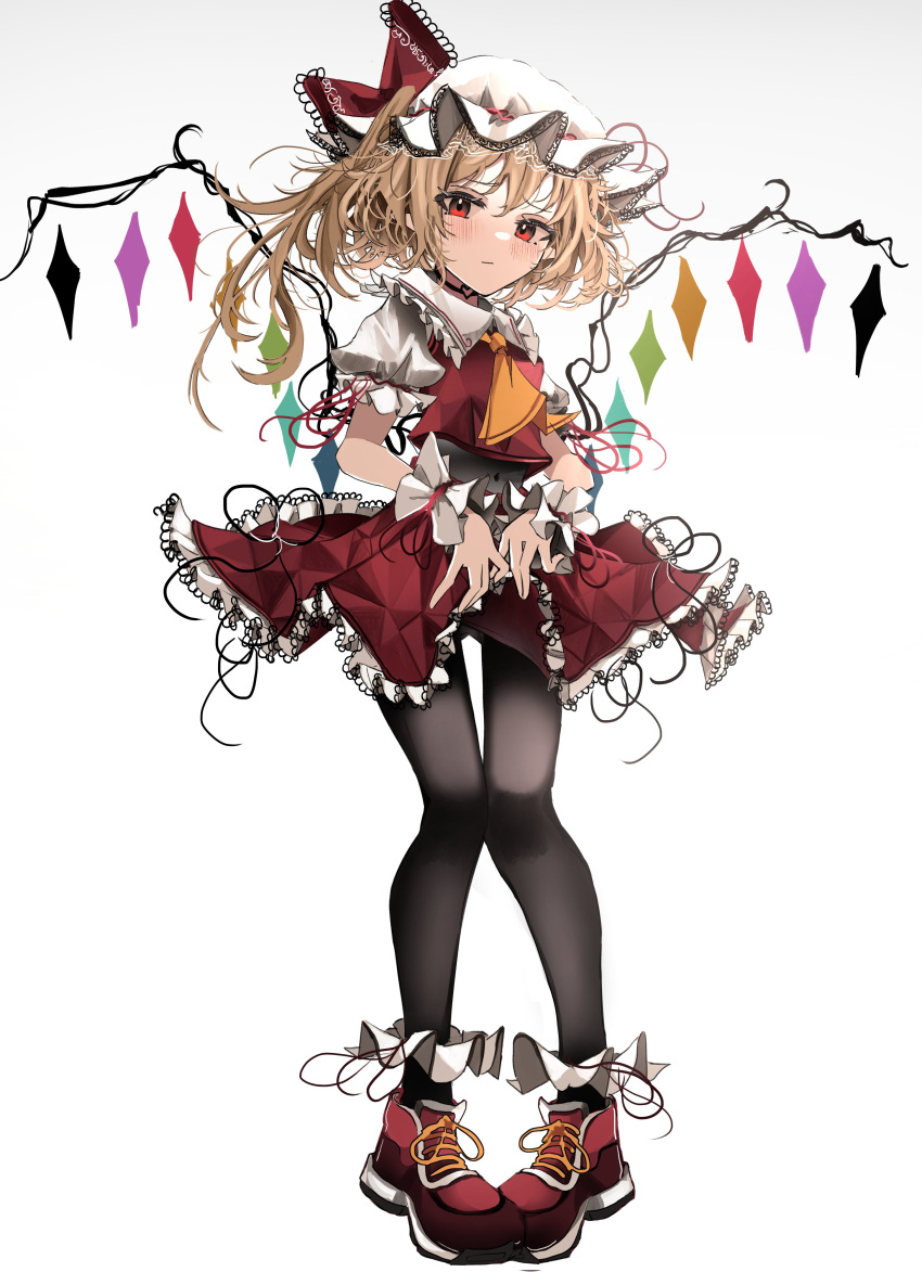 1girl absurdres ascot black_pantyhose blonde_hair blush closed_mouth collared_shirt commentary_request crystal flandre_scarlet frilled_shirt_collar frilled_sleeves frills full_body hat highres long_hair looking_at_viewer mob_cap ougiikun pantyhose pointy_ears puffy_short_sleeves puffy_sleeves red_eyes red_footwear red_skirt red_vest shirt shoes short_sleeves simple_background skirt solo touhou vest white_background white_headwear white_shirt wings wrist_cuffs yellow_ascot