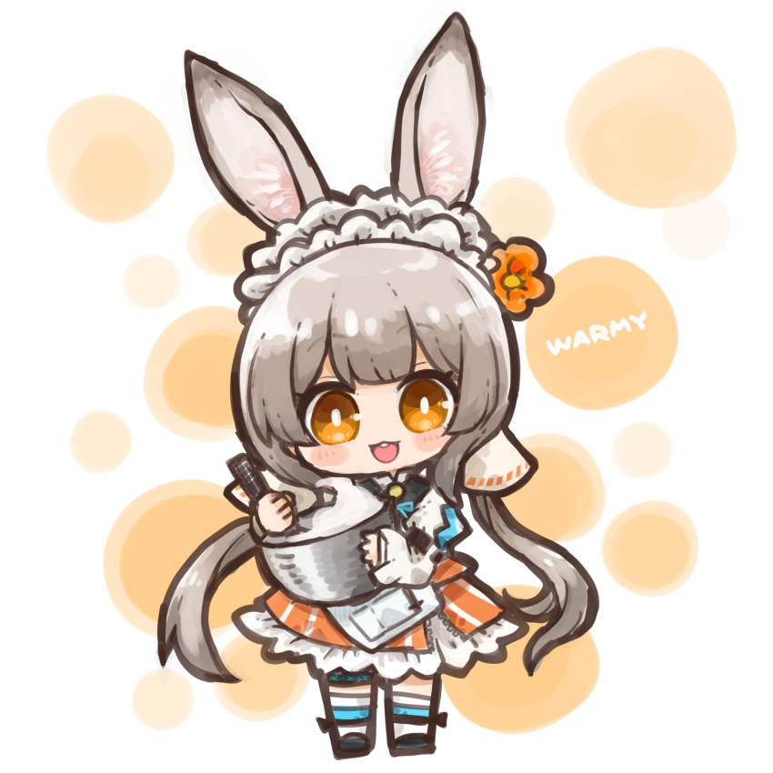 1girl :3 animal_ears arknights blush bowl character_name chibi chibi_only commentary_request dog-san grey_hair highres holding holding_bowl long_hair looking_at_viewer maid_headdress open_mouth orange_eyes oripathy_lesion_(arknights) rabbit_ears rabbit_girl solo teeth twintails upper_teeth_only very_long_hair warmy_(arknights)