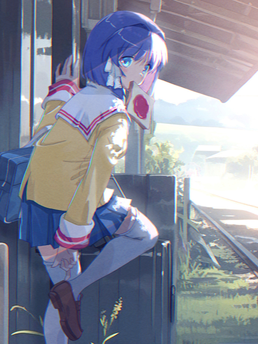 1girl adjusting_footwear akayama_yukihe bag blazer blue_eyes blue_skirt blush bob_cut bread bread_slice brown_footwear clannad commentary_request dappled_sunlight day eyes_visible_through_hair food food_in_mouth foot_out_of_frame from_side fujibayashi_ryou hair_between_eyes hair_intakes hair_ribbon hand_up highres hikarizaka_private_high_school_uniform holding holding_bag jacket jam knee_up loafers looking_at_viewer miniskirt mouth_hold outdoors pleated_skirt purple_hair railroad_tracks ribbon sailor_collar school_uniform shoes short_hair shoulder_bag sidelighting skirt solo standing standing_on_one_leg sunlight thigh-highs toast toast_in_mouth tress_ribbon white_ribbon white_sailor_collar white_thighhighs yellow_jacket zettai_ryouiki