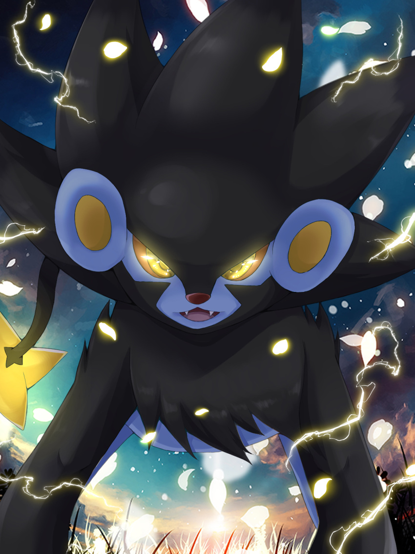clouds colored_sclera commentary_request electricity fangs glowing glowing_eyes highres looking_at_viewer luxray no_humans open_mouth orange_sclera outdoors pokemon pokemon_(creature) seiya_(snxmari) sky solo standing yellow_eyes yellow_pupils