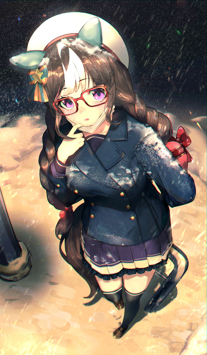 1girl absurdres box braid breasts brown_footwear ear_covers frilled_skirt frills glasses heart-shaped_box highres hokko_tarumae_(umamusume) horse_girl looking_at_viewer mask mouth_mask multicolored_hair open_mouth orr_(kkkkbbbbc) pleated_skirt red-framed_eyewear skirt snow solo striped_hair twin_braids two-tone_hair umamusume valentine violet_eyes