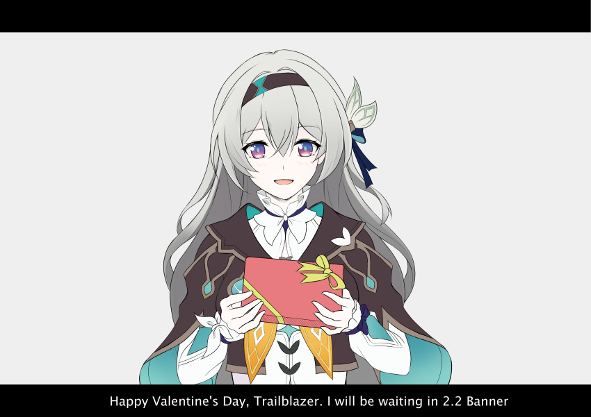 1girl :d absurdres black_hairband black_jacket blue_pupils blue_ribbon bow box box_of_chocolates collared_shirt cropped_jacket crossed_bangs english_text firefly_(honkai:_star_rail) flat_color gift hair_between_eyes hair_bow hair_intakes hairband happy_valentine highres holding holding_gift honkai:_star_rail honkai_(series) jacket letterboxed long_hair long_sleeves looking_at_viewer minamo_(adech-pro) neckerchief open_mouth orange_neckerchief pink_eyes ribbon shirt sidelocks simple_background smile solo straight-on two-tone_eyes upper_body violet_eyes white_background white_bow white_shirt