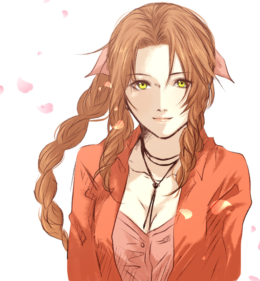 1girl aerith_gainsborough bow braid braided_ponytail breasts brown_hair cheb_0w0 falling_petals final_fantasy final_fantasy_vii hair_bow hair_intakes highres jacket jewelry long_hair medium_breasts necklace parted_bangs petals pink_bow pink_shirt red_jacket shirt side_braids sidelocks simple_background solo white_background yellow_eyes