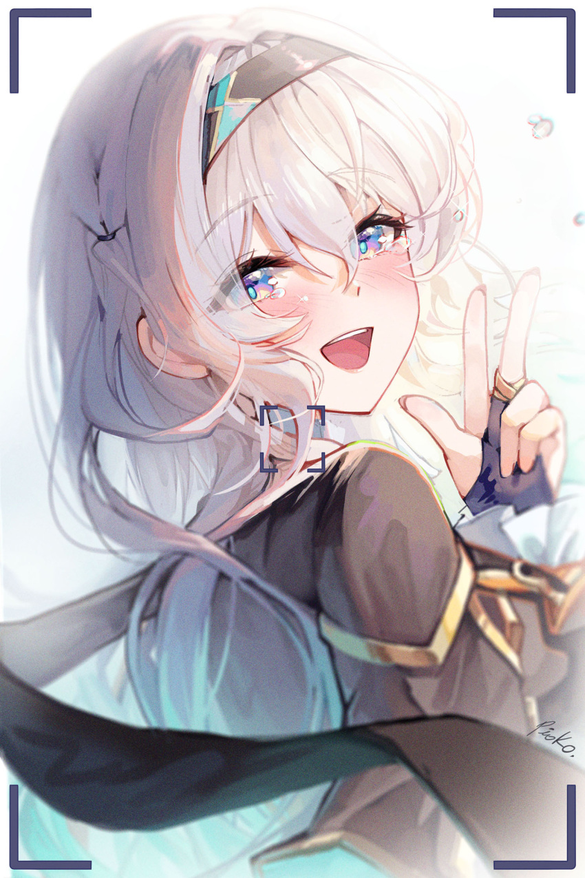1girl :d black_cape black_hairband black_jacket blue_eyes blue_pupils blush bridal_gauntlets cape commentary crying crying_with_eyes_open fingernails firefly_(honkai:_star_rail) from_side gradient_eyes grey_hair hair_between_eyes hair_intakes hairband hand_up highres honkai:_star_rail honkai_(series) jacket long_hair looking_at_viewer multicolored_eyes open_mouth pink_eyes pistachiocream sidelocks signature smile solo teardrop tears teeth upper_body upper_teeth_only viewfinder w