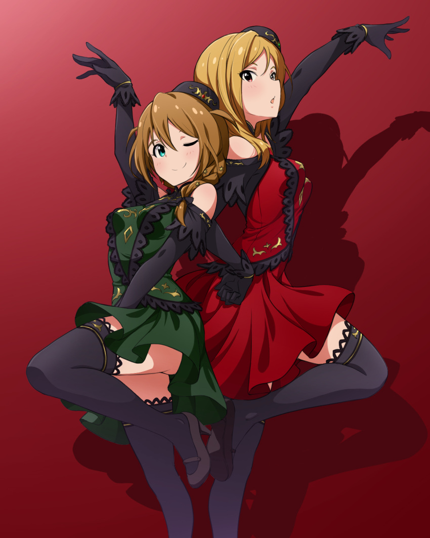 2girls aqua_eyes arm_up asanaya baba_konomi bare_shoulders black_gloves black_headwear black_sleeves black_thighhighs blonde_hair blush braid breasts brown_hair closed_mouth detached_sleeves dress frilled_dress frills gloves green_dress grey_footwear hair_over_shoulder hand_on_own_hip hat high_heels highres idolmaster idolmaster_million_live! idolmaster_million_live!_theater_days large_breasts leg_up long_hair long_sleeves looking_at_viewer momose_rio multiple_girls one_eye_closed open_mouth red_background red_dress red_eyes shadow simple_background single_braid small_breasts smile standing standing_on_one_leg thigh-highs