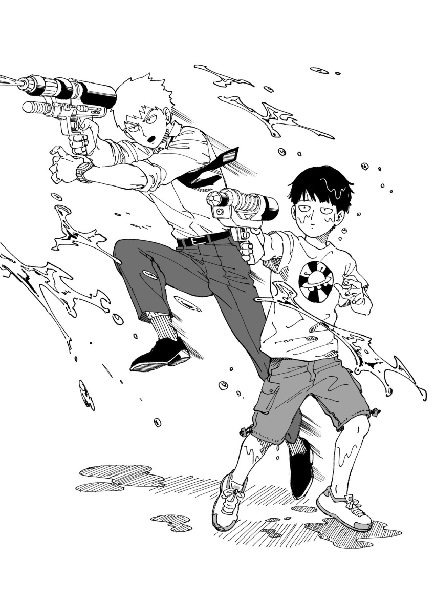 2boys aiming cargo_shorts closed_mouth commentary_request dress_pants dress_shirt dress_shoes eduroku expressionless firing floating_hair full_body greyscale highres holding holding_water_gun jitome jumping kageyama_shigeo male_focus mob_psycho_100 monochrome motion_lines multiple_boys necktie playing print_shirt puddle reigen_arataka ribbed_socks serious shirt shoes short_hair shorts simple_background sleeves_rolled_up sneakers t-shirt ufo_print v-shaped_eyebrows watch watch water_gun wet wet_face wet_hair