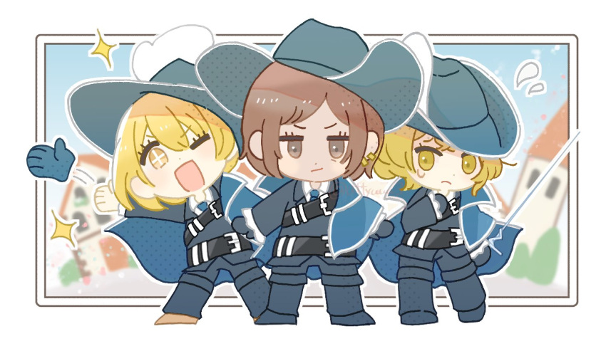alternate_skin_color asage_(attyuuu3) blonde_hair blue_cape blue_gloves blue_headwear blue_jacket blue_necktie blue_pants brown_eyes brown_hair cape cavalier_hat closed_mouth don_quixote_(project_moon) full_body gloves jacket limbus_company looking_at_viewer necktie one_eye_closed outdoors outis_(project_moon) pants project_moon sinclair_(project_moon) sparkling_eyes yellow_eyes