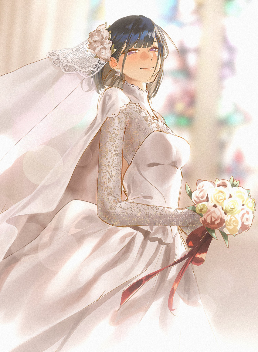 1girl black_hair blunt_bangs blurry blurry_background blush bouquet breasts bridal_veil cape dress earrings from_side highres holding holding_bouquet jewelry lace-trimmed_collar lace_sleeves lace_trim long_sleeves looking_at_viewer original short_hair smile unholymilk veil violet_eyes wedding_dress white_cape