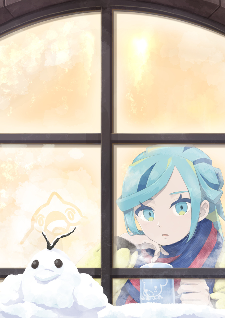 1boy aqua_eyes aqua_hair blue_scarf cetoddle commentary_request cup eyelashes glass grusha_(pokemon) hands_up highres holding holding_cup jacket long_sleeves looking_at_viewer male_focus min_(myna8247) mug open_mouth pokemon pokemon_sv scarf snow snow_sculpture solo steam striped_clothes striped_scarf window yellow_jacket