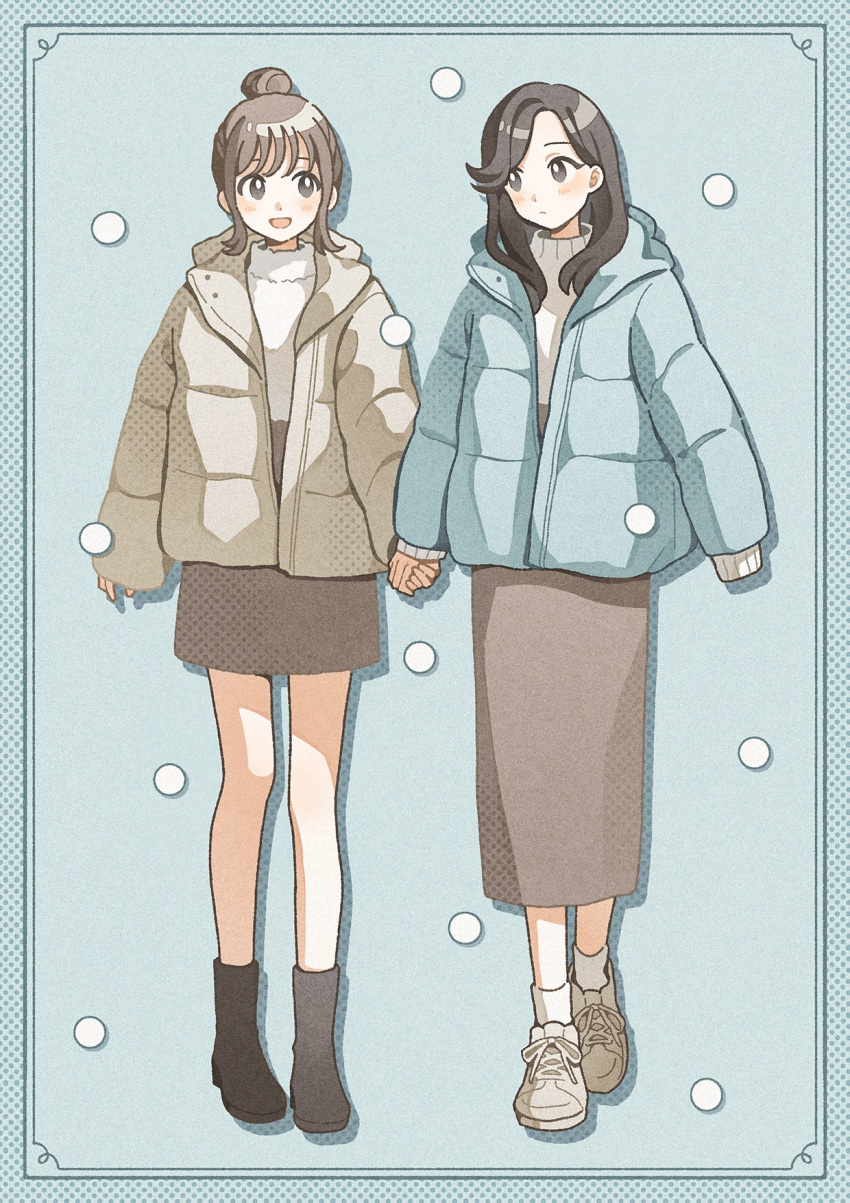 2girls :d ankle_boots black_eyes black_footwear black_hair blue_background blue_coat blush boots bright_pupils brown_hair brown_skirt closed_mouth coat commentary_request expressionless full_body grey_coat grey_footwear hair_bun halftone high-waist_skirt highres holding_hands hood hood_down hooded_coat long_hair long_skirt looking_at_another multiple_girls nahara_saki open_clothes open_coat open_mouth original puffy_sleeves shoes short_hair skirt sleeves_past_fingers sleeves_past_wrists smile sneakers snowing split_mouth standing sweater turtleneck turtleneck_sweater white_pupils white_sweater
