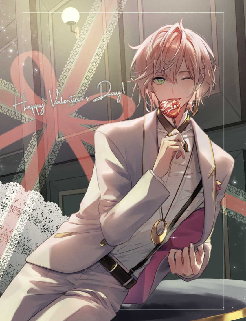 1boy absurdres alternate_costume backlighting bishounen candy commentary english_text facing_viewer food green_eyes grey_suit hair_between_eyes happy_valentine highres holostars jewelry lollipop looking_at_viewer luma8b male_focus necklace one_eye_closed pink_hair rikka_(holostars) shirt short_hair smile solo sparkle suit suspenders upper_body virtual_youtuber white_shirt