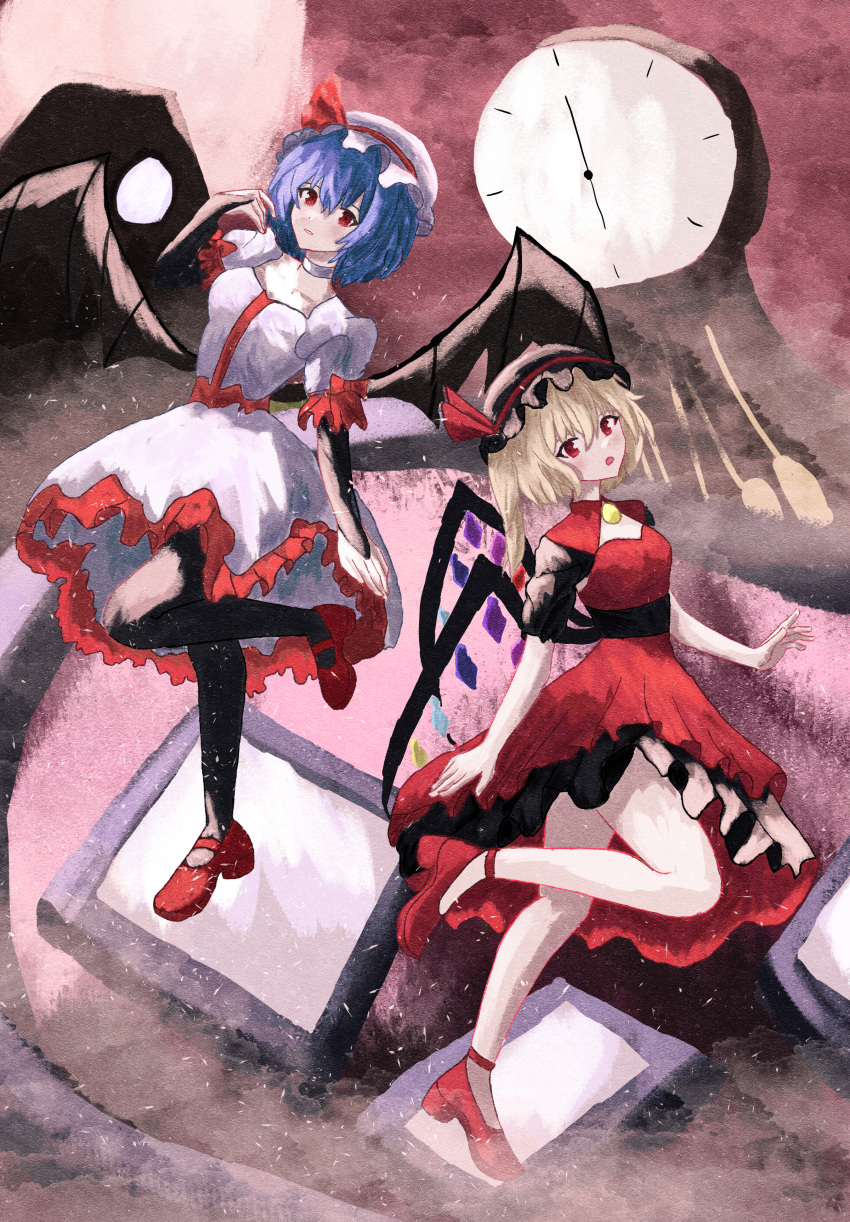 2girls absurdres alternate_costume bat_wings black_thighhighs blonde_hair blue_hair clock dress flandre_scarlet full_body hat hat_ribbon highres mary_janes medium_hair mob_cap multiple_girls open_mouth red_dress red_eyes remilia_scarlet ribbon shoes side_ponytail thigh-highs touhou user_pzpc3735 white_dress wings