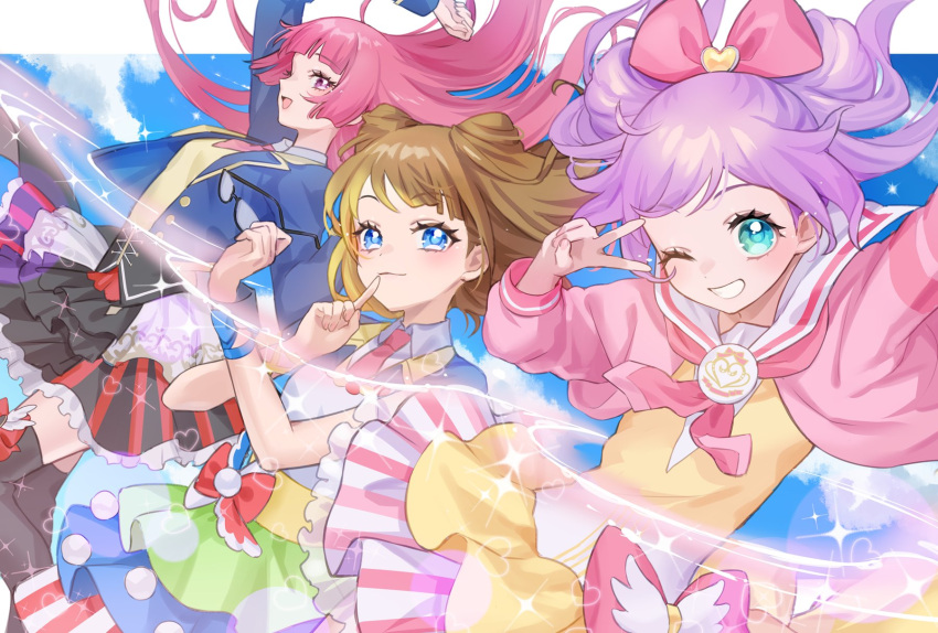 3girls ahoge arm_up blonde_hair blue_background blue_eyes blue_jacket blue_sky blunt_bangs bow brown_hair cardigan collared_shirt commentary cone_hair_bun double_bun dress finger_to_mouth floating_hair grin hair_bow hair_bun hands_up henshin highres hojo_sophy idol_clothes jacket kashikoma! long_hair long_sleeves looking_at_viewer manaka_laala manaka_laala_(young) minami_mirei minami_mirei_(normal) multicolored_clothes multicolored_dress multiple_girls nanceee_305 neckerchief necktie one_eye_closed open_mouth paprika_private_academy_school_uniform pink_bow pink_cardigan pink_hair pink_neckerchief pink_necktie pretty_series pripara purple_hair red_bow sailor_collar school_uniform shirt short_hair shushing sky smile symbol-only_commentary teeth v v_over_eye very_long_hair violet_eyes white_sailor_collar white_shirt yellow_dress