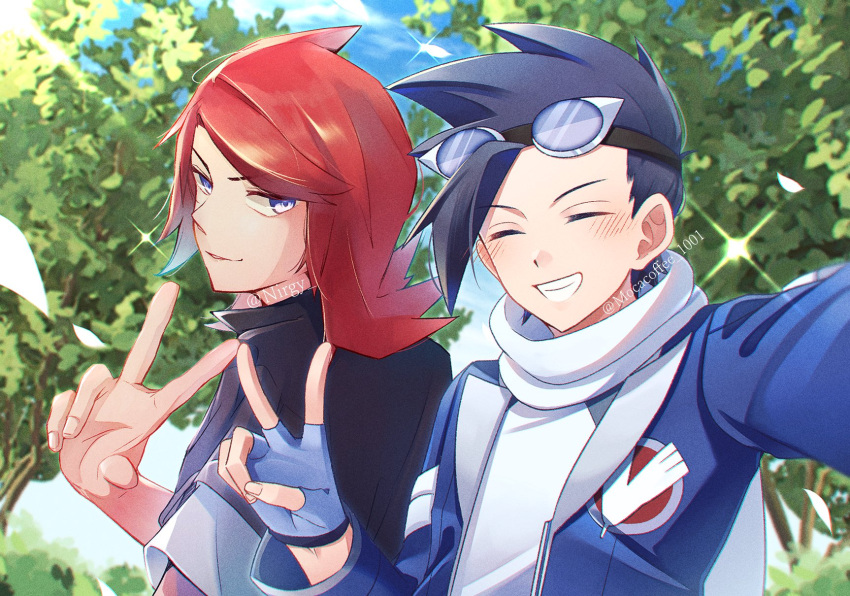 2boys black_hair blue_jacket closed_eyes clouds commentary_request day ethan_(pokemon) ethan_(sygna_suit)_(pokemon) fingerless_gloves gloves goggles goggles_on_head grin hand_up highres jacket male_focus mocacoffee_1001 multiple_boys official_alternate_costume open_clothes open_jacket outdoors outstretched_arm parted_lips pokemon pokemon_masters_ex redhead scarf selfie shirt short_hair silver_(pokemon) silver_(sygna_suit)_(pokemon) sky smile teeth tree twitter_username v watermark white_shirt