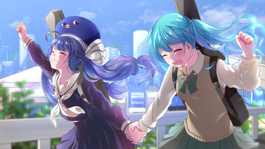 2girls absurdres ahoge aqua_hair arm_up blue_hair blue_serafuku blue_skirt blue_sky blurry blurry_background bow bowtie brown_sweater_vest city cityscape clenched_hand closed_eyes clouds collared_shirt commentary eel_hat green_bow green_bowtie green_skirt grin guard_rail guitar_case happy hatsune_miku highres holding_hands instrument_case large_hat long_hair long_sleeves low-braided_long_hair multiple_girls neckerchief open_mouth otomachi_una outdoors plaid plaid_bow plaid_bowtie plaid_skirt pleated_skirt puffy_sleeves sailor_collar sakurada_btt school_uniform serafuku shirt skirt sky smile sweater_vest teeth tree twintails vocaloid white_neckerchief white_sailor_collar white_shirt