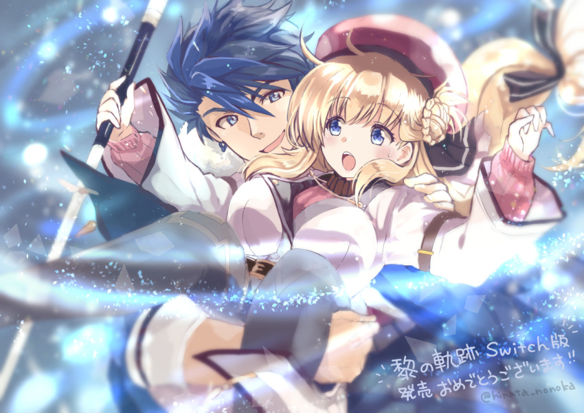 1boy 1girl :o agnes_claudel aura beret blonde_hair blue_eyes blue_hair breasts carrying carrying_person commentary_request earrings eiyuu_densetsu eyelashes hair_between_eyes hat hinata_nonoka holding holding_staff jewelry kuro_no_kiseki large_breasts long_hair open_mouth pink_sweater short_hair sleeves_past_wrists smile staff sweater teeth translation_request upper_teeth_only van_arkride wide_sleeves