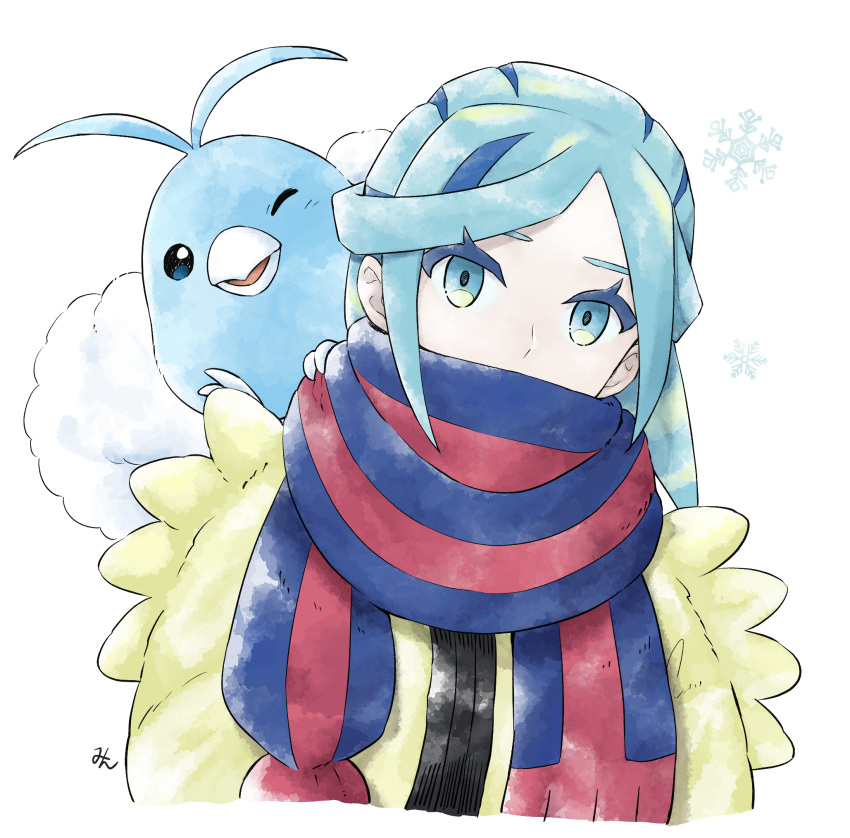 1boy aqua_eyes aqua_hair blue_scarf commentary_request eyelashes grusha_(pokemon) highres jacket looking_at_viewer male_focus min_(myna8247) pokemon pokemon_(creature) pokemon_on_back pokemon_sv scarf scarf_over_mouth signature snowflakes striped_clothes striped_scarf swablu upper_body white_background yellow_jacket
