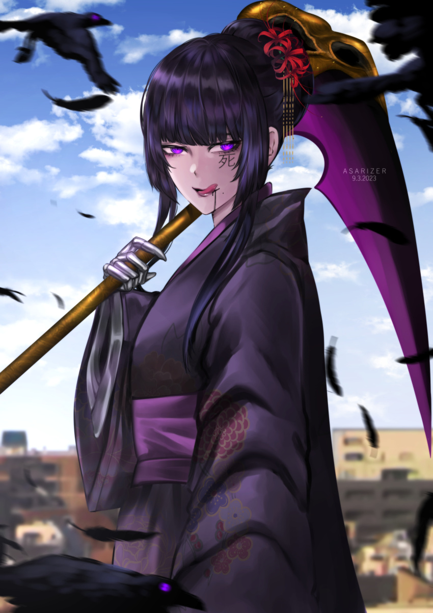 1girl absurdres artist_name asarizer bird black_hair building commentary crow dated facial_mark feathers floral_print flower from_side hair_bun hair_flower hair_ornament highres holding holding_scythe japanese_clothes kimono original outstretched_arm prosthesis prosthetic_hand purple_kimono scythe sidelocks single_hair_bun solo tongue tongue_out upper_body violet_eyes