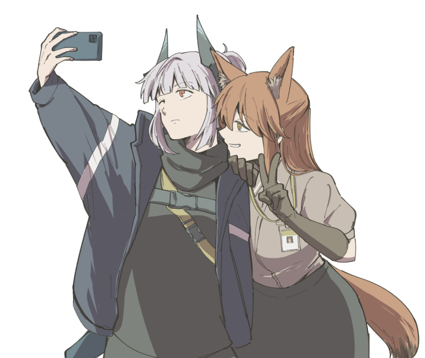 2girls animal_ear_fluff animal_ears arknights black_coat blunt_bangs brown_eyes brown_hair brown_tail cellphone closed_mouth coat commentary_request dragon_girl dragon_horns elbow_gloves expressionless fingernails fox_ears fox_girl fox_tail franka_(arknights) gloves grey_gloves grey_hair grey_horns grey_scarf grey_shirt grey_skirt grey_sweater grin hair_between_eyes hand_on_another's_shoulder hand_up haruichi_(sazanami_complex) holding holding_phone horns lanyard leaning_on_person liskarm_(arknights) long_hair long_sleeves looking_at_object looking_at_phone looking_up multiple_girls one_eye_closed open_clothes open_coat outstretched_arm phone profile puffy_short_sleeves puffy_sleeves scarf selfie shirt short_hair short_sleeves simple_background skirt smartphone smile split_mouth standing strap sweater tail taking_picture upper_body v white_background
