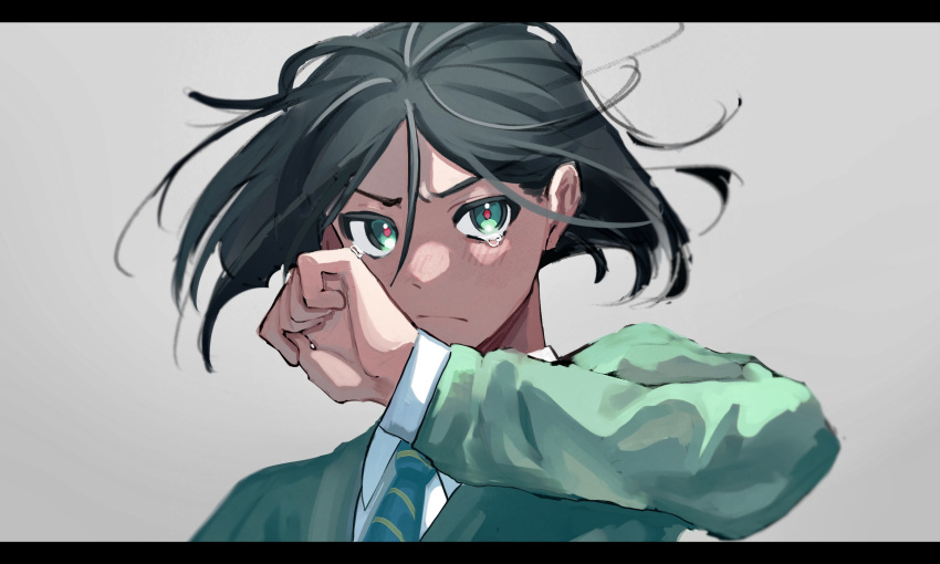 1boy black_hair blush closed_mouth collared_shirt fate/zero fate_(series) green_eyes green_jacket grey_background hair_between_eyes highres jacket letterboxed long_sleeves male_focus messy_hair necktie red_pupils shirt solo striped_necktie tears tokoni_fusu waver_velvet white_shirt wiping_tears
